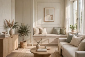 Elegant living room with hidden toy storage keeping the space clutter-free