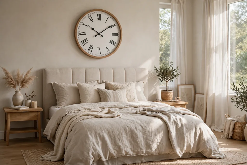 Serene neutral bedroom with a large round wall clock centered above the headboard