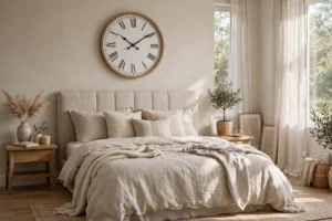 Serene neutral bedroom with a large round wall clock centered above the headboard