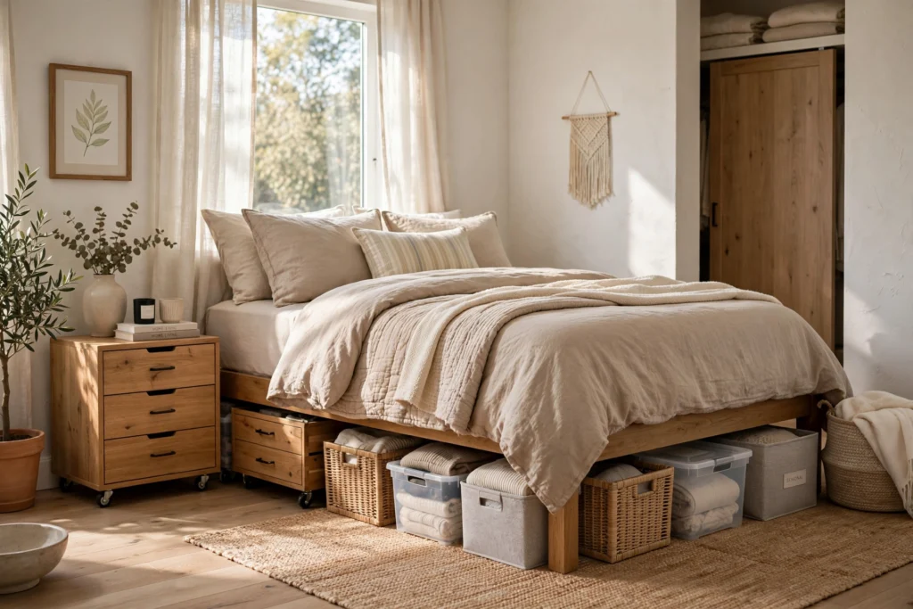 Neat bedroom with rolling storage drawers and bins tucked under a dressed bed