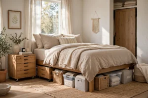 Neat bedroom with rolling storage drawers and bins tucked under a dressed bed