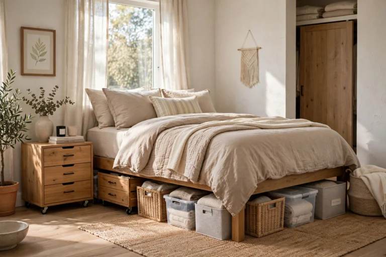Neat bedroom with rolling storage drawers and bins tucked under a dressed bed
