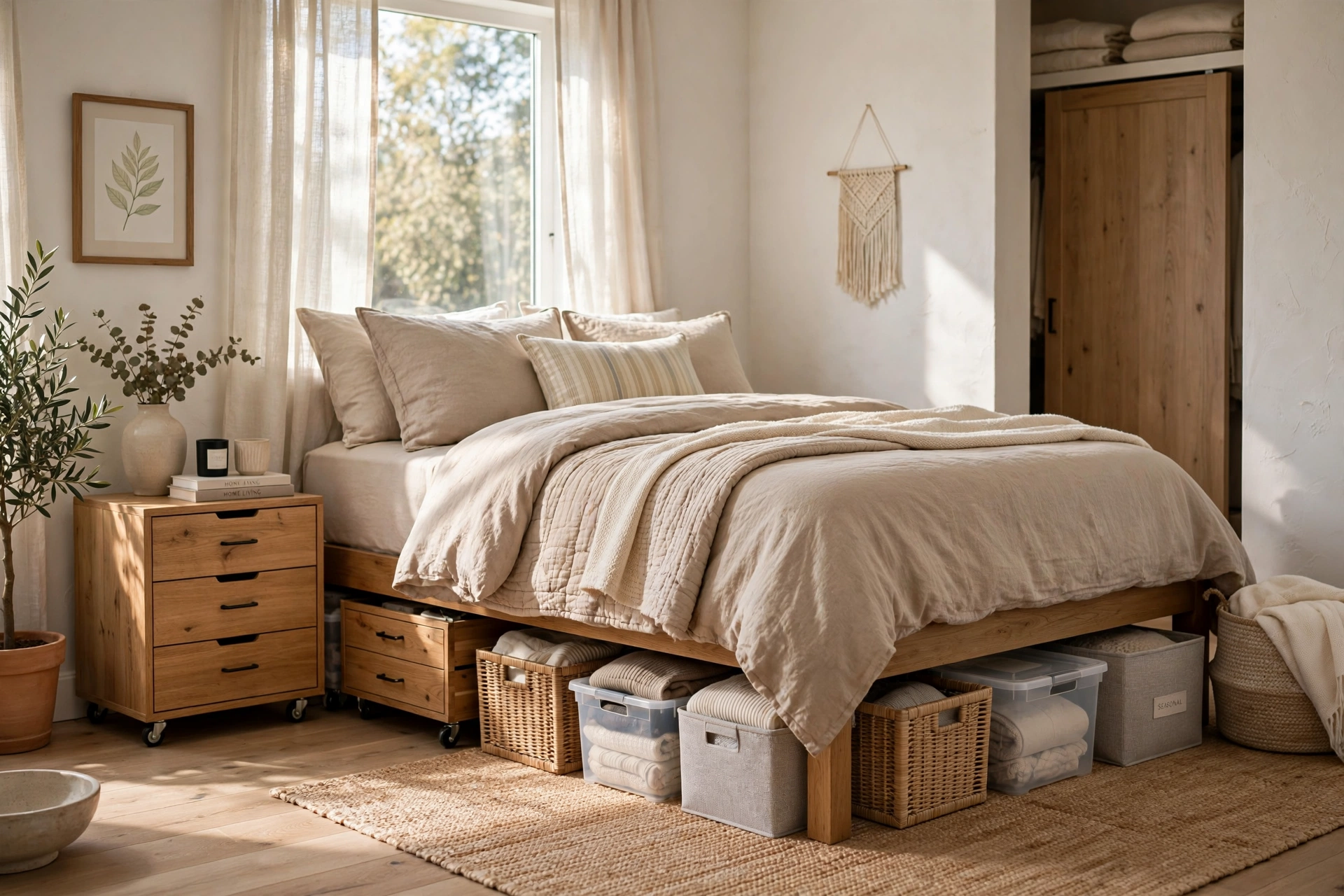 Neat bedroom with rolling storage drawers and bins tucked under a dressed bed