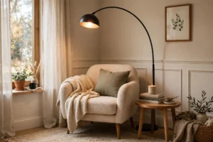 Cozy bedroom corner with an arc floor lamp glowing over a reading chair