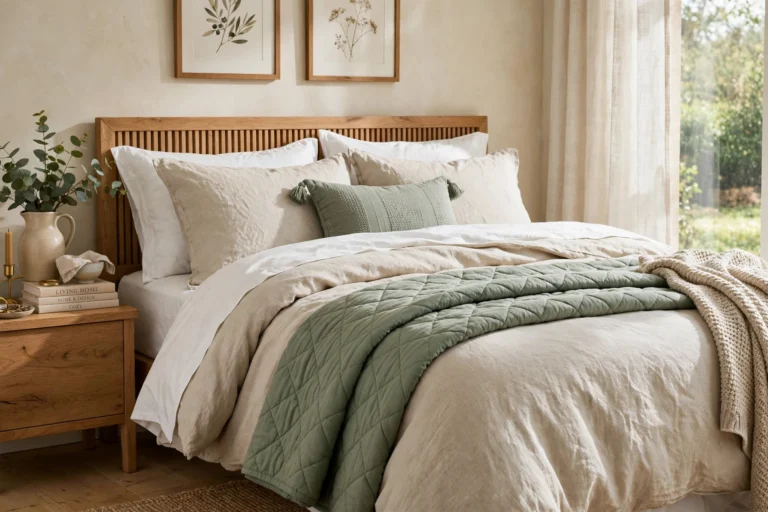 Beautifully layered bed with white sheets, oatmeal duvet and sage quilt