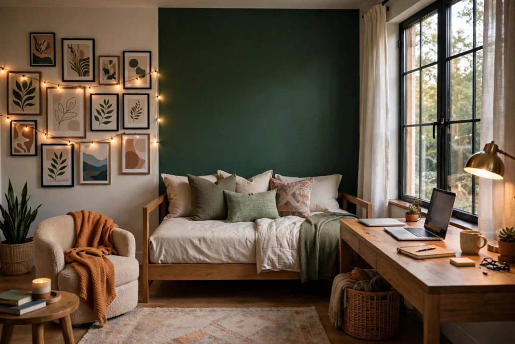 Stylish teen bedroom with forest-green accent wall, daybed, study desk, gallery wall and string lights
