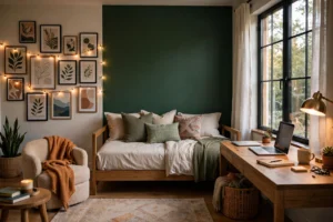 Stylish teen bedroom with forest-green accent wall, daybed, study desk, gallery wall and string lights