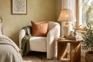 Stylish bedroom corner with an upholstered accent chair, side table and lamp
