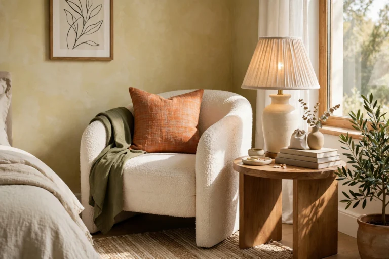 Stylish bedroom corner with an upholstered accent chair, side table and lamp