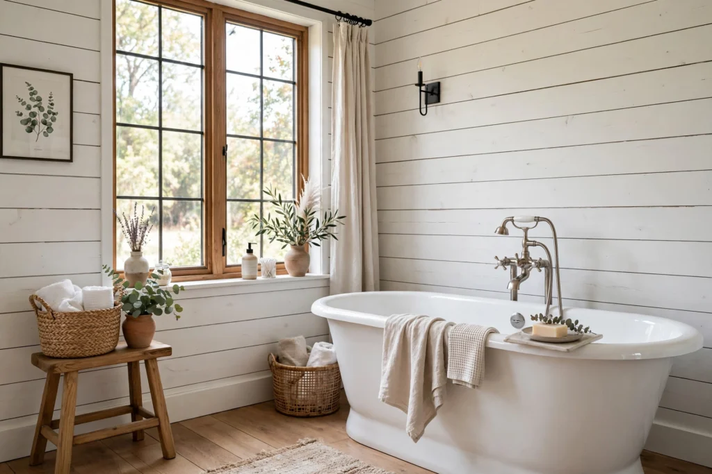 Bright farmhouse bathroom with white horizontal shiplap walls and a freestanding tub