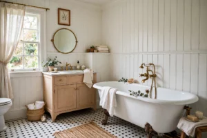 Classic cottage bathroom with white beadboard walls and a clawfoot tub