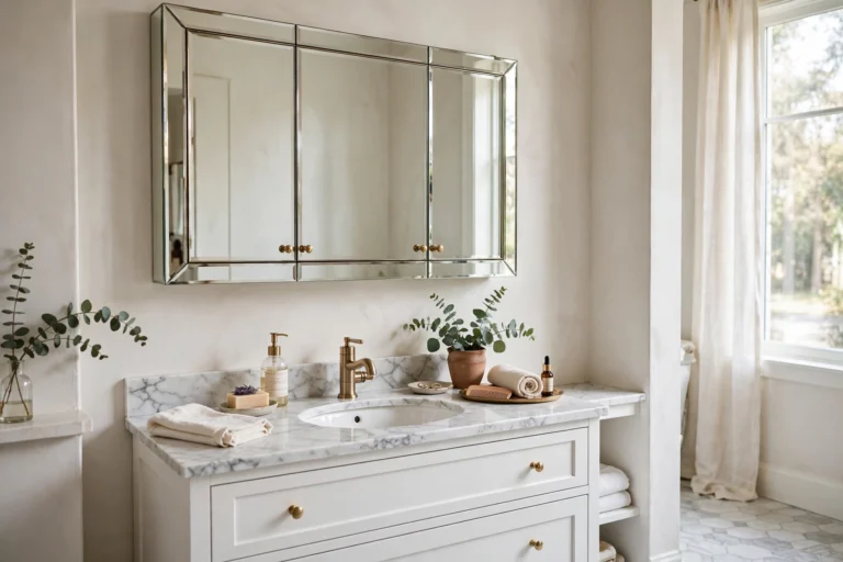 Elegant bathroom with a mirrored medicine cabinet above a white vanity