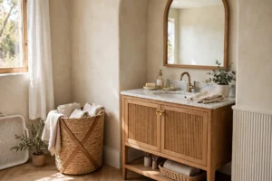 Stylish bathroom corner with a woven seagrass laundry hamper beside the vanity