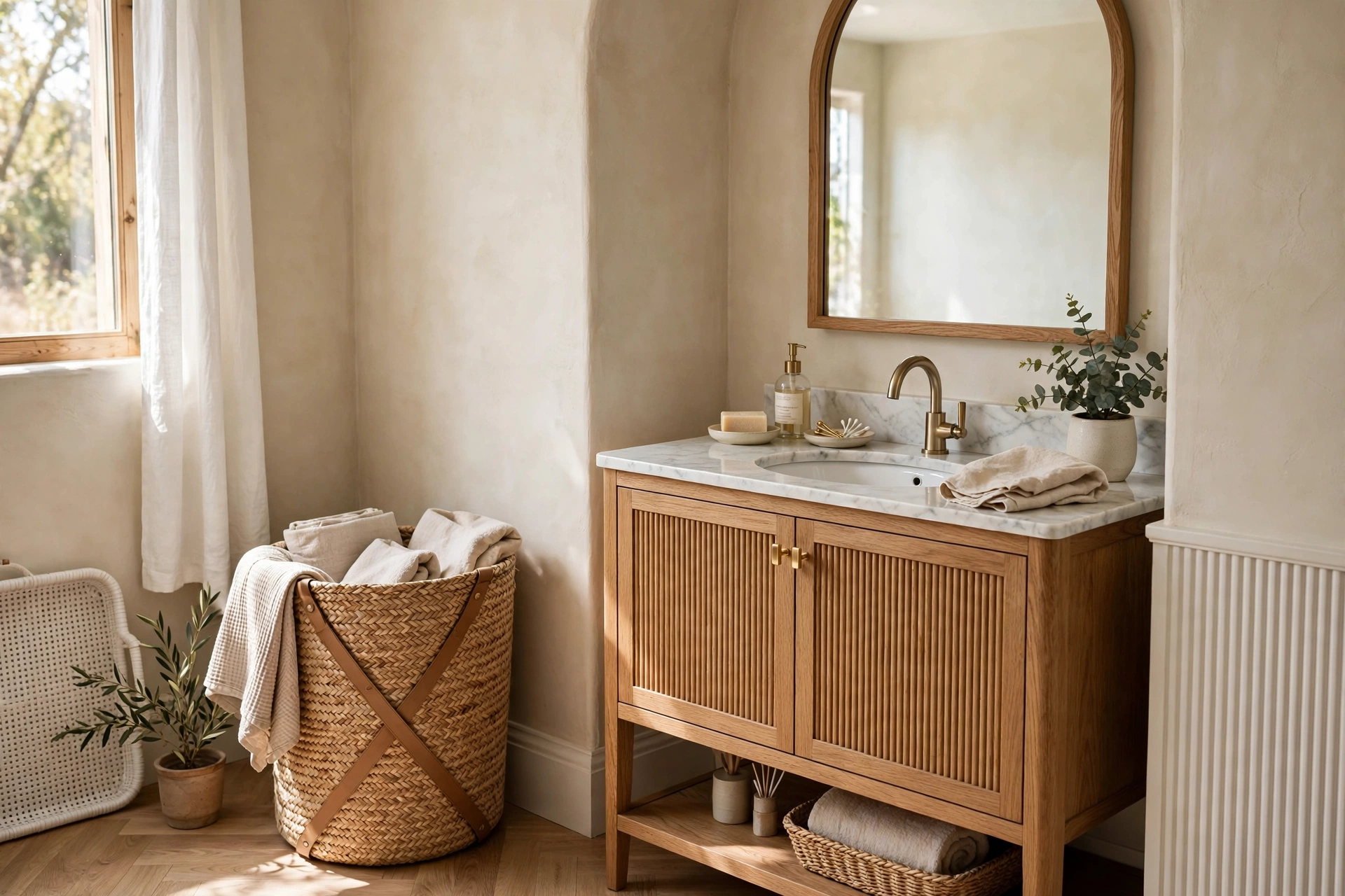 Stylish bathroom corner with a woven seagrass laundry hamper beside the vanity