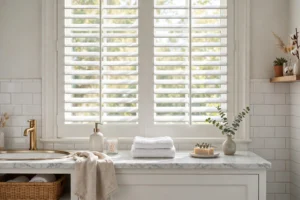 Bright bathroom window with white plantation shutters and soft daylight