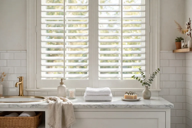 Bright bathroom window with white plantation shutters and soft daylight