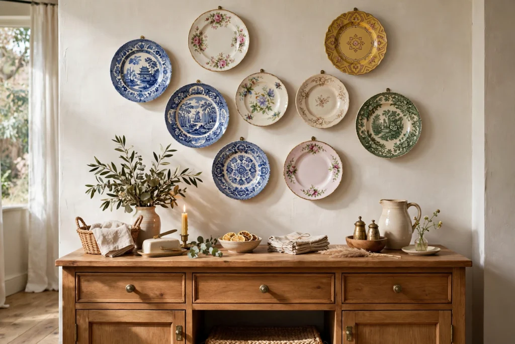 Charming dining room plate wall display with mixed vintage plates above a wooden buffet