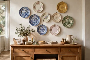 Charming dining room plate wall display with mixed vintage plates above a wooden buffet