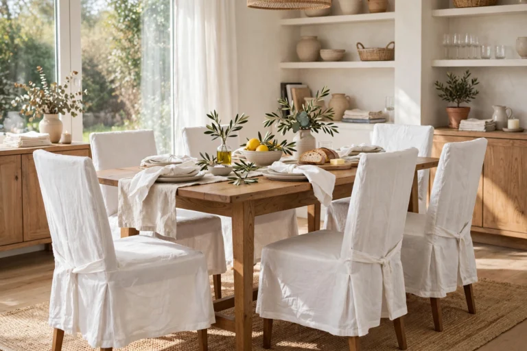 Dining room with elegant white linen slipcovers on wooden dining chairs