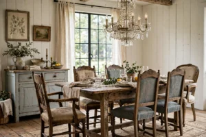 Vintage dining room with farmhouse table, crystal chandelier, and antique chairs