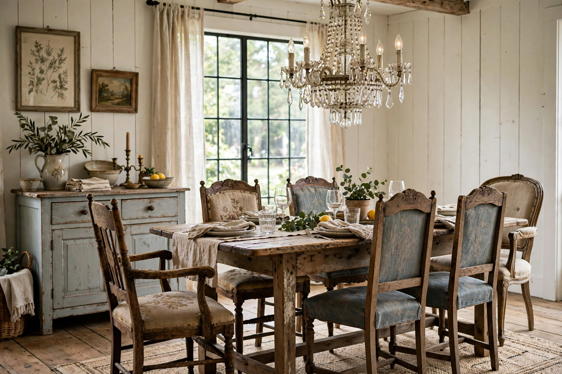 Vintage dining room with farmhouse table, crystal chandelier, and antique chairs