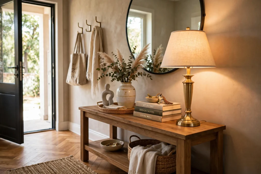 Warmly lit entryway console table with an elegant table lamp and styled decor