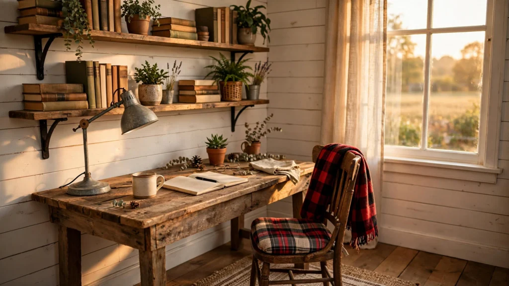 Cozy farmhouse home office with reclaimed wood desk, shiplap walls and warm rustic decor