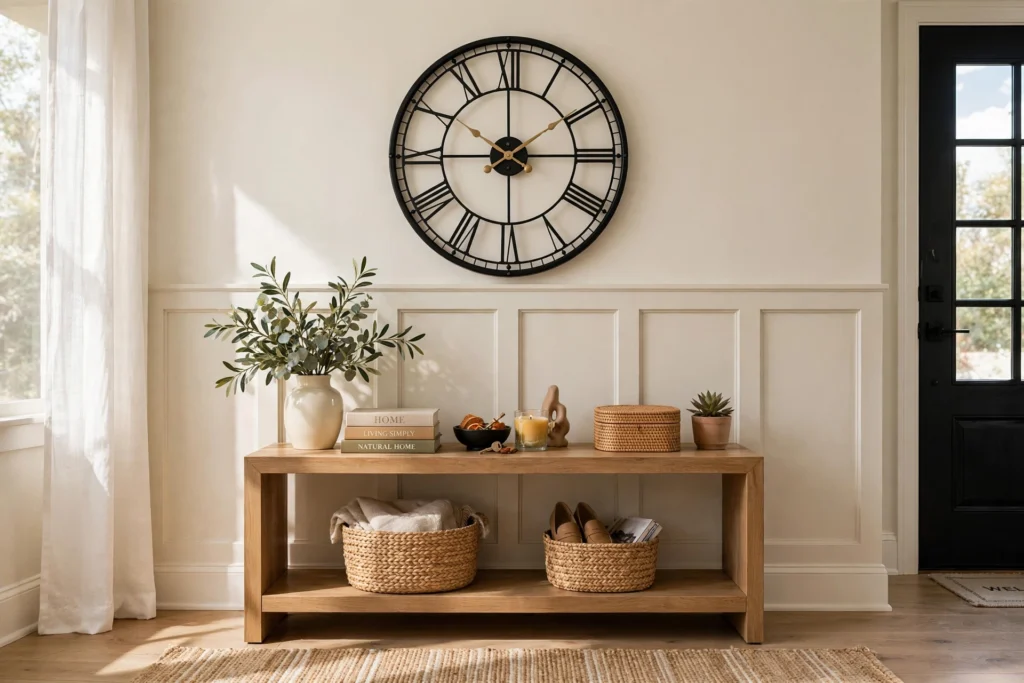 Stylish entryway with a large round wall clock above a decorated console table