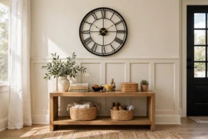 Stylish entryway with a large round wall clock above a decorated console table