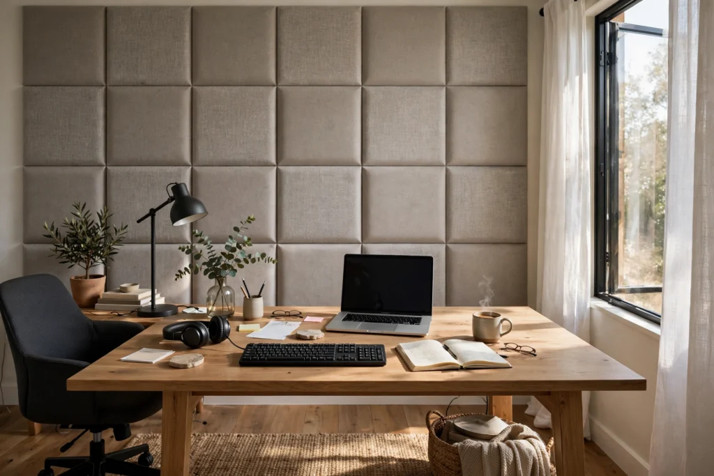 Modern home office with fabric acoustic wall panels behind a wooden desk