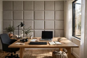 Modern home office with fabric acoustic wall panels behind a wooden desk