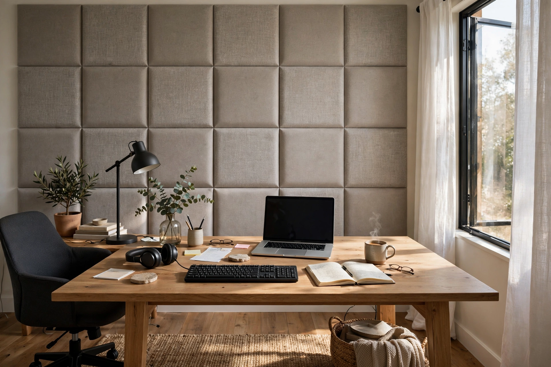 Modern home office with fabric acoustic wall panels behind a wooden desk