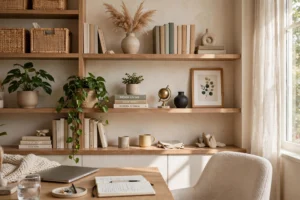 Home office styled as a polished video call background with shelves and plant