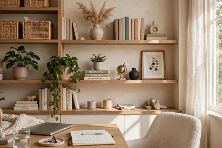 Home office styled as a polished video call background with shelves and plant