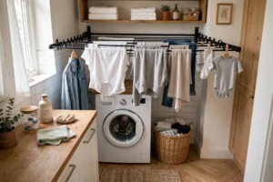 Small laundry room with a wall-mounted fold-down drying rack in use