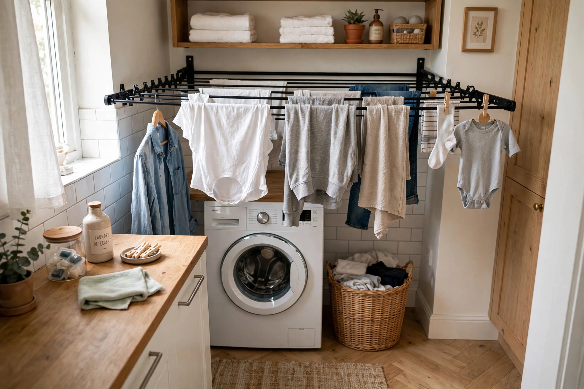 Small laundry room with a wall-mounted fold-down drying rack in use