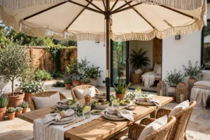 Patio dining set shaded by a large market umbrella