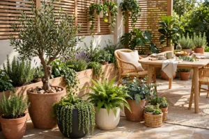 Sunlit patio styled with assorted outdoor planters and lush greenery
