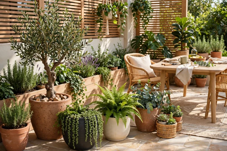 Sunlit patio styled with assorted outdoor planters and lush greenery