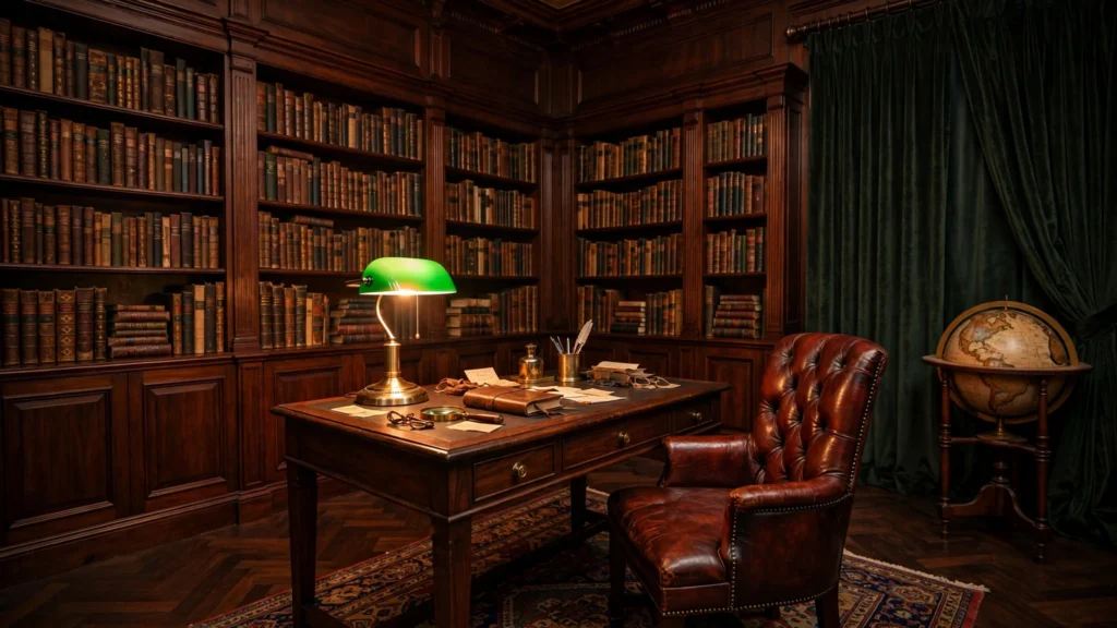 Dark academia home office with floor-to-ceiling bookshelves, walnut desk, banker's lamp and leather chair