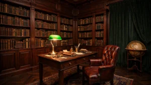 Dark academia home office with floor-to-ceiling bookshelves, walnut desk, banker's lamp and leather chair
