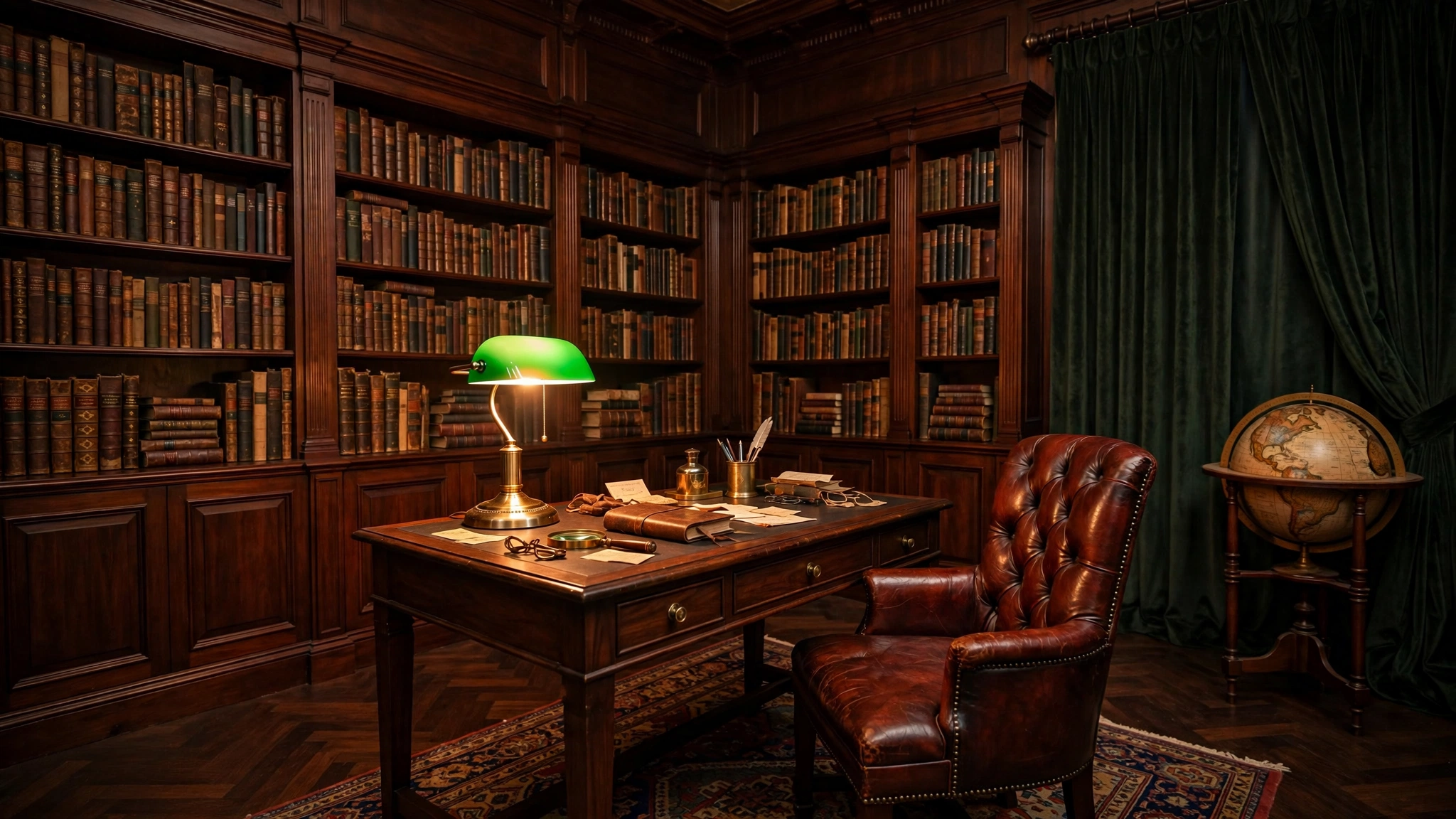 Dark academia home office with floor-to-ceiling bookshelves, walnut desk, banker's lamp and leather chair