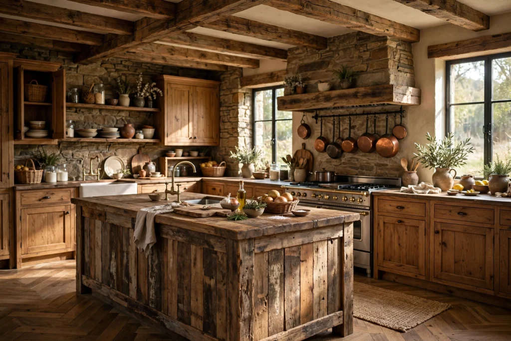 Warm rustic kitchen with exposed wood beams, reclaimed wood island and stone accents