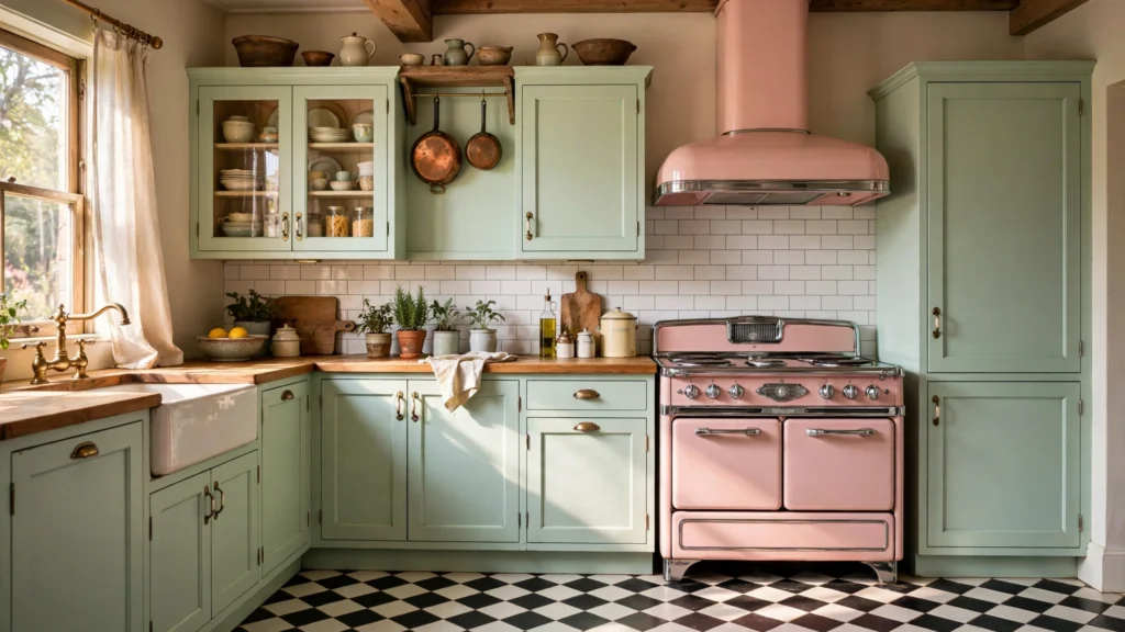 Charming vintage kitchen with retro style range, checkerboard floor and pastel cabinets