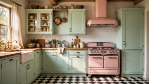Charming vintage kitchen with retro style range, checkerboard floor and pastel cabinets