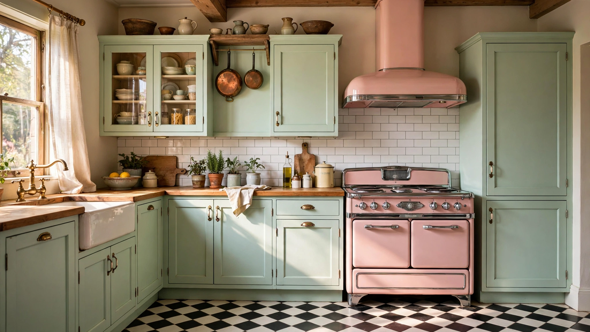 Charming vintage kitchen with retro style range, checkerboard floor and pastel cabinets
