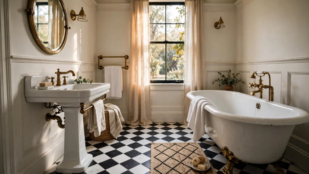 Elegant vintage bathroom with clawfoot tub, pedestal sink and black and white tile