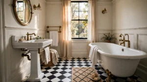 Elegant vintage bathroom with clawfoot tub, pedestal sink and black and white tile