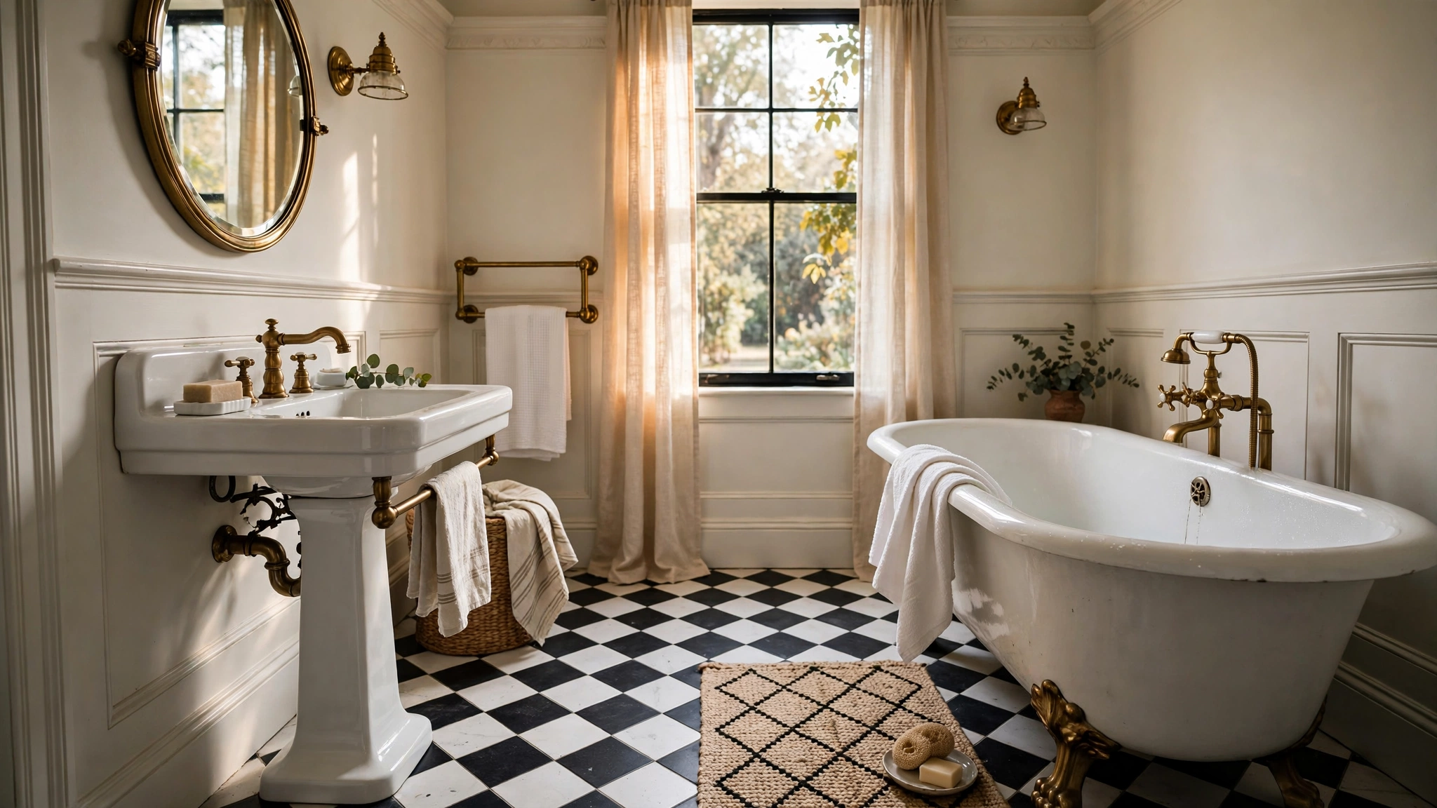 Elegant vintage bathroom with clawfoot tub, pedestal sink and black and white tile