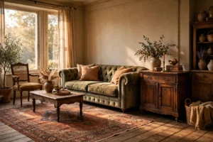 Warm vintage living room with tufted sofa, Persian rug and antique wood furniture
